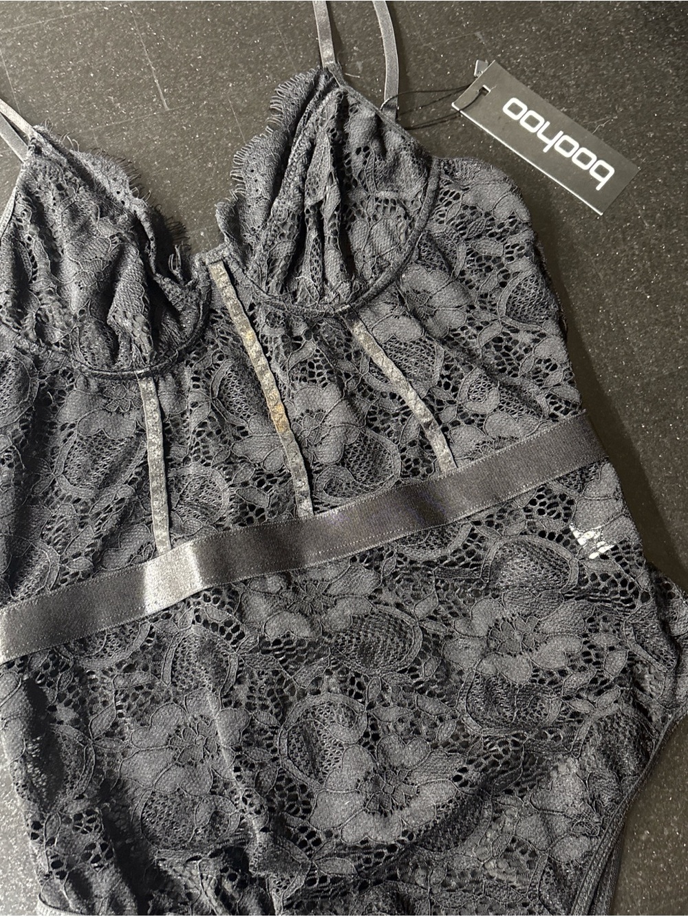 Boohoo Black Floral Lace Bodysuit with Satin Trim